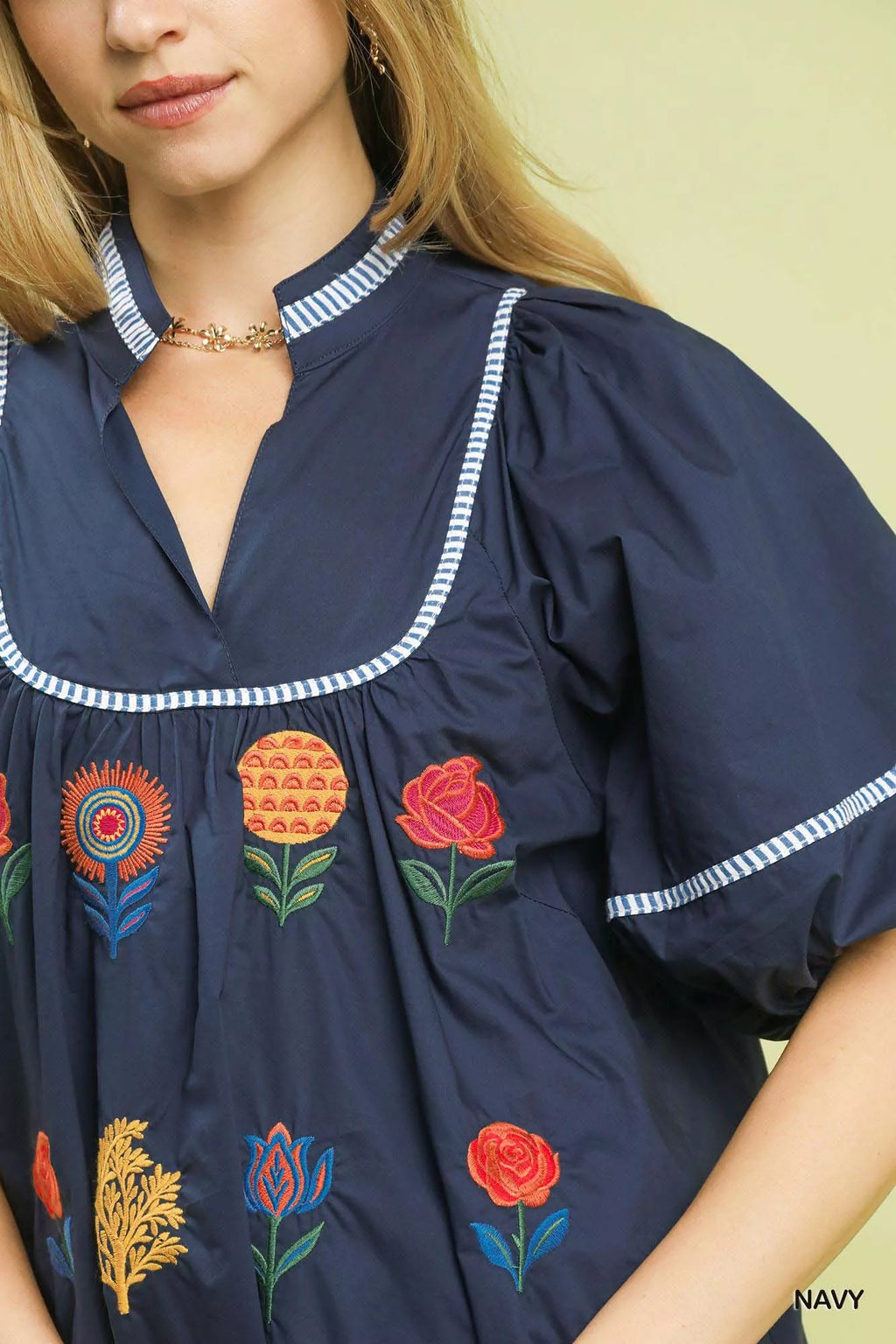 Umgee Womens Blouse Navy Floral Embroidered Puff Short Sleeve Top 3dffa442-b0f0-463a-8fa3-6b79551d7248-Max-Origin Trendsi