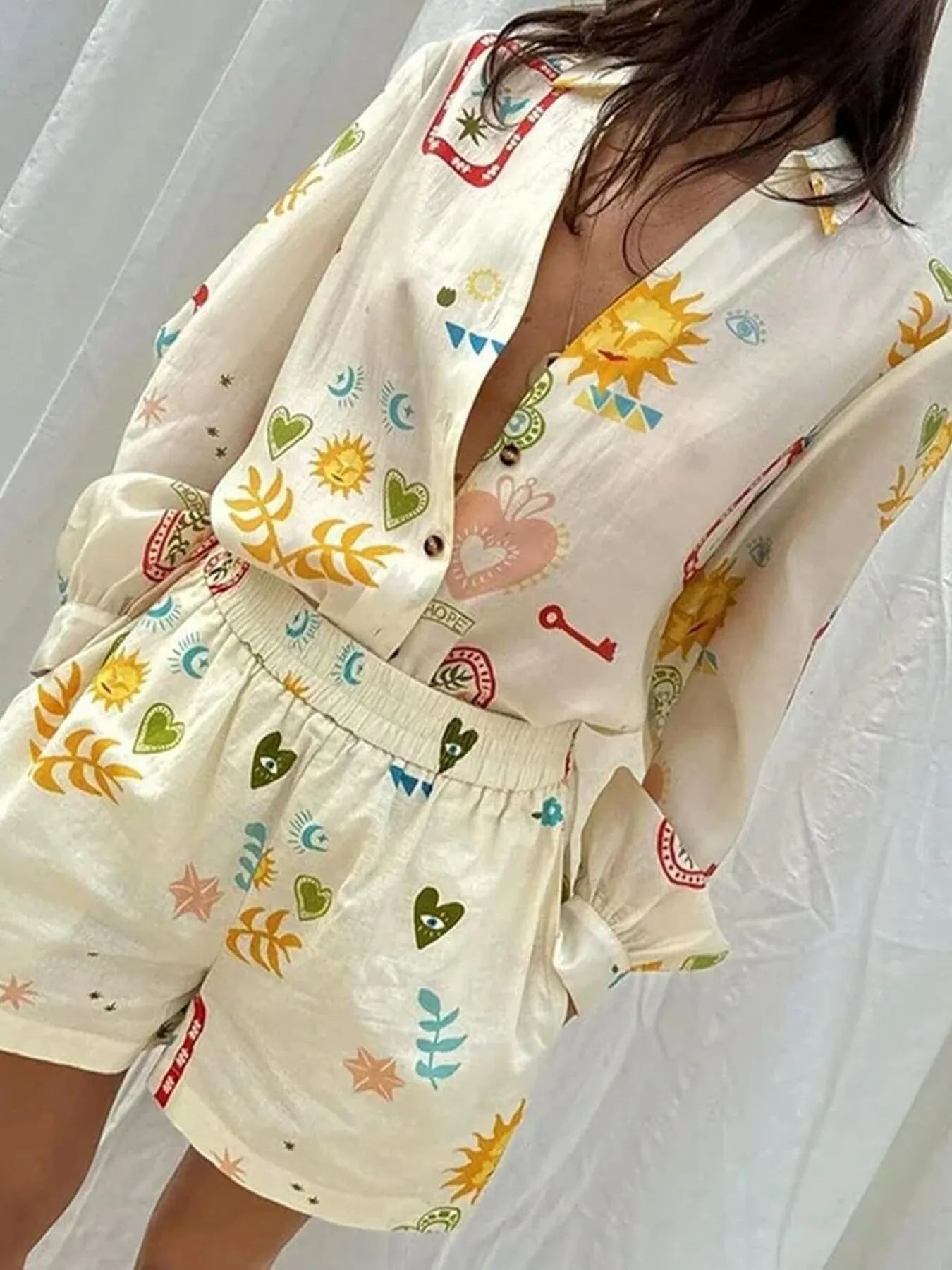 Women's Outfit Set Beige Summer Print Button Up Long Sleeve Shirt and Shorts Beige 3e034adfdf394630b97c3102d11db237-Max-Origin Trendsi