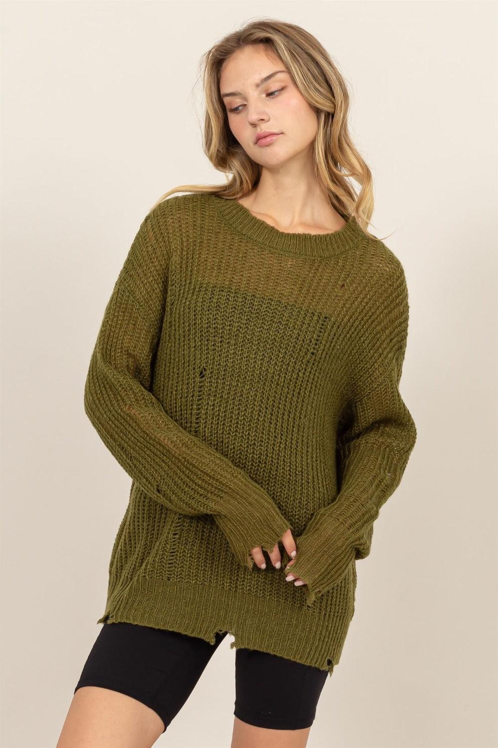 Knit Top US HYFVE Olive Green Distressed Long Sleeve Sweater