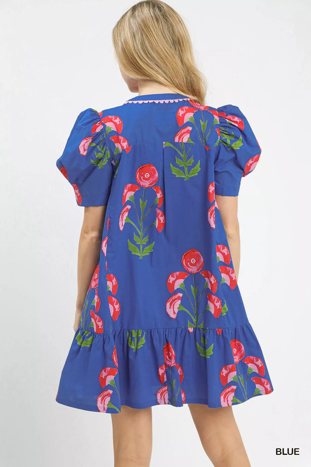 Umgee Mini Dress Blue Floral Print Puff Short Sleeve with Scallop Trim 3e11f215-e353-4e33-bd6e-54a63f3b9564-Max-Origin Trendsi