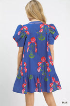 Umgee Mini Dress Blue Floral Print Puff Short Sleeve with Scallop Trim 3e11f215-e353-4e33-bd6e-54a63f3b9564-Max-Origin Trendsi