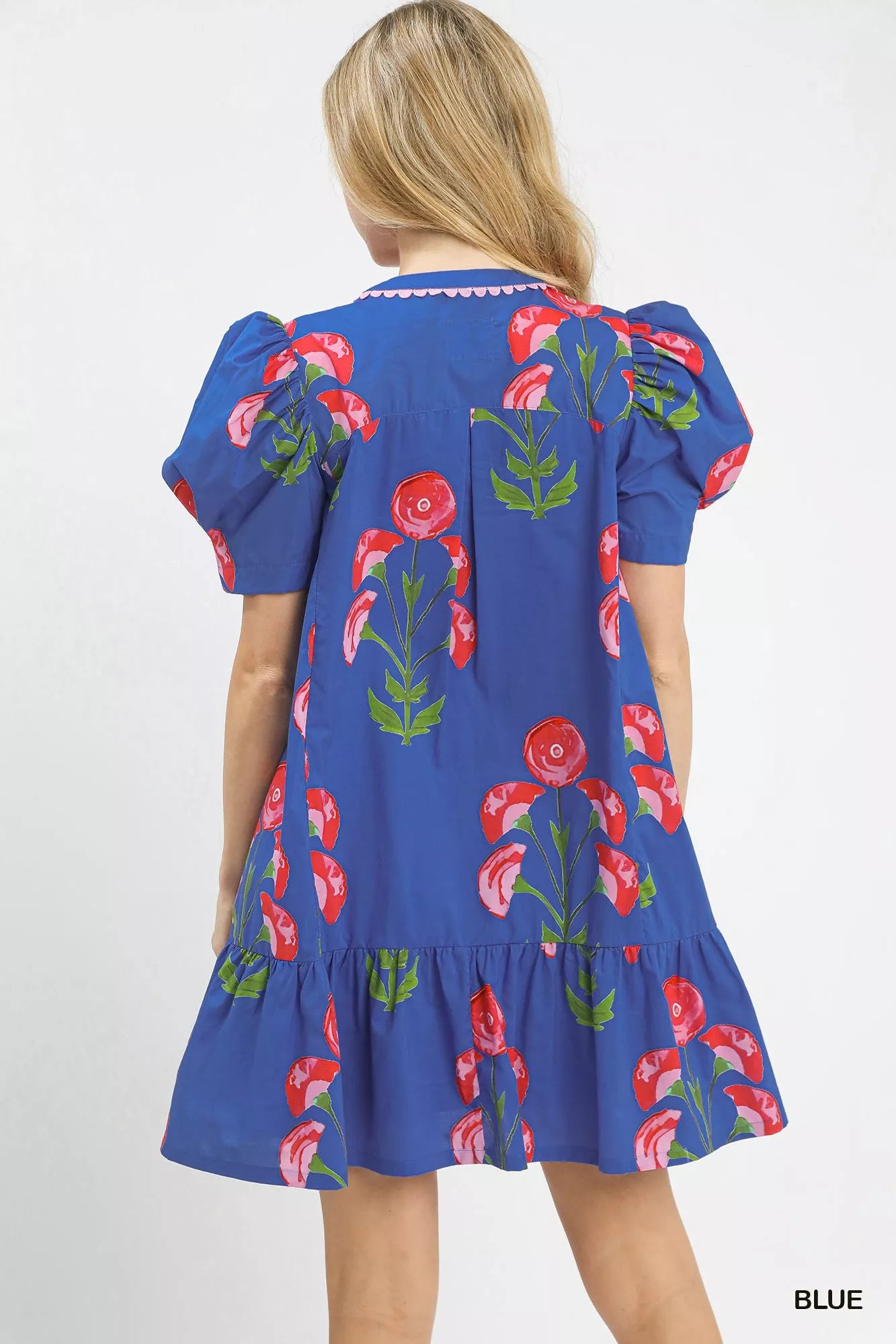 Umgee Mini Dress Blue Floral Print Puff Short Sleeve with Scallop Trim 3e11f215-e353-4e33-bd6e-54a63f3b9564-Max-Origin Trendsi