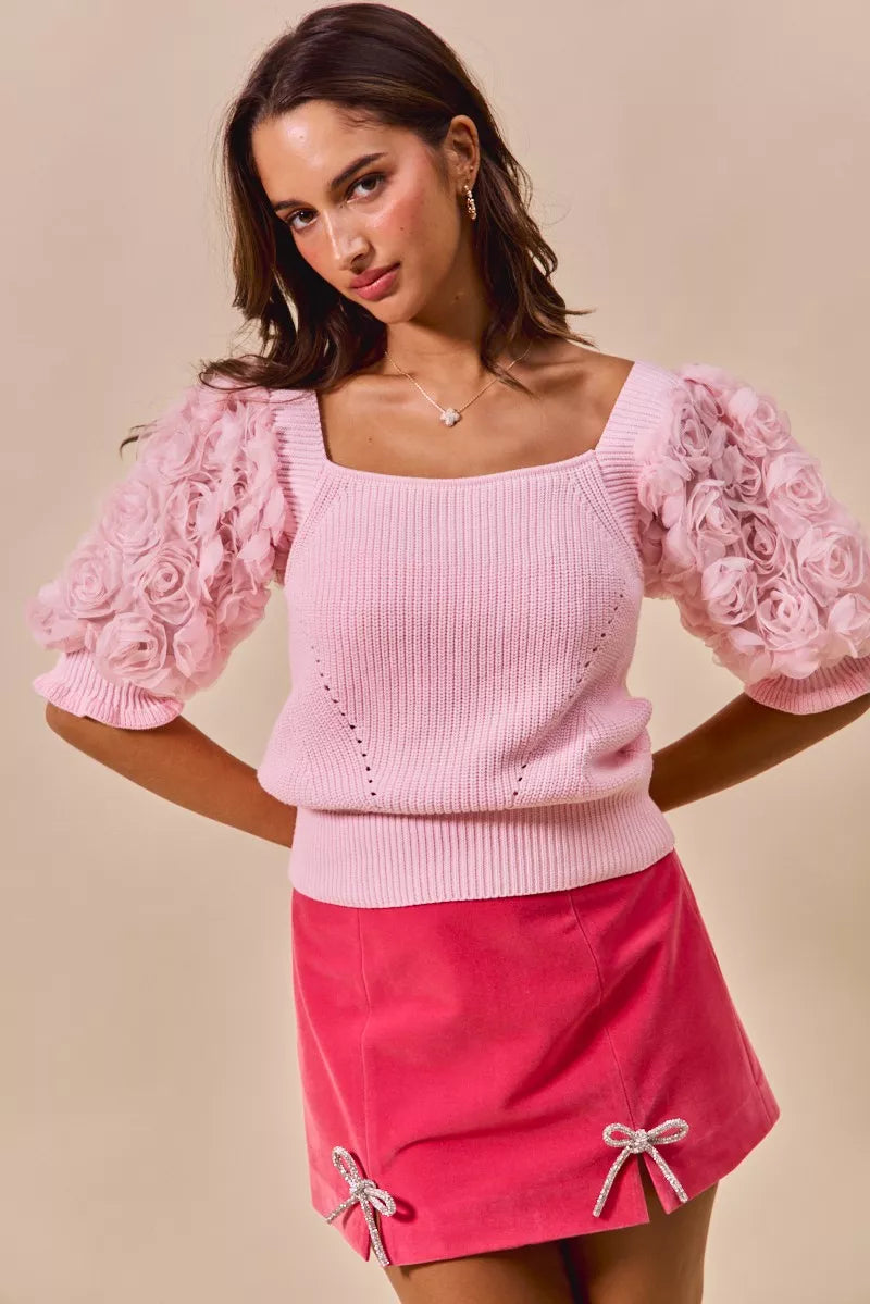 SO ME Rosette Sleeves Blouse Square Neck Sweater Knit Top Light Pink 3e18caf7-19bb-4843-8840-cfed53514dd9-Max-Origin Trendsi
