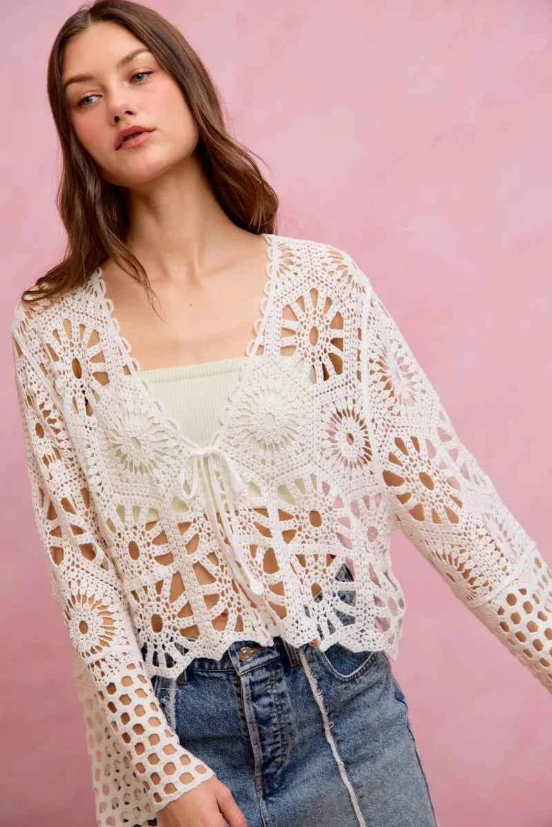 SO ME Floral Pattern Crochet Knit Tie Front Crop Cardigan