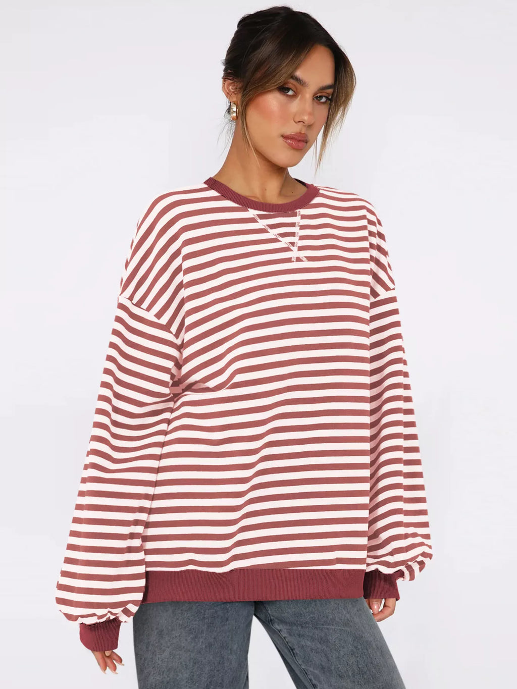Women's Sweatshirt Striped Round Neck Long Sleeve Oversized Ribbed Scarlet 3e29b2af9d8f40048bc8f95a6c1a27ad-Max-Origin Trendsi