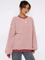 Women's Sweatshirt Striped Round Neck Long Sleeve Oversized Ribbed Scarlet 3e29b2af9d8f40048bc8f95a6c1a27ad-Max-Origin Trendsi