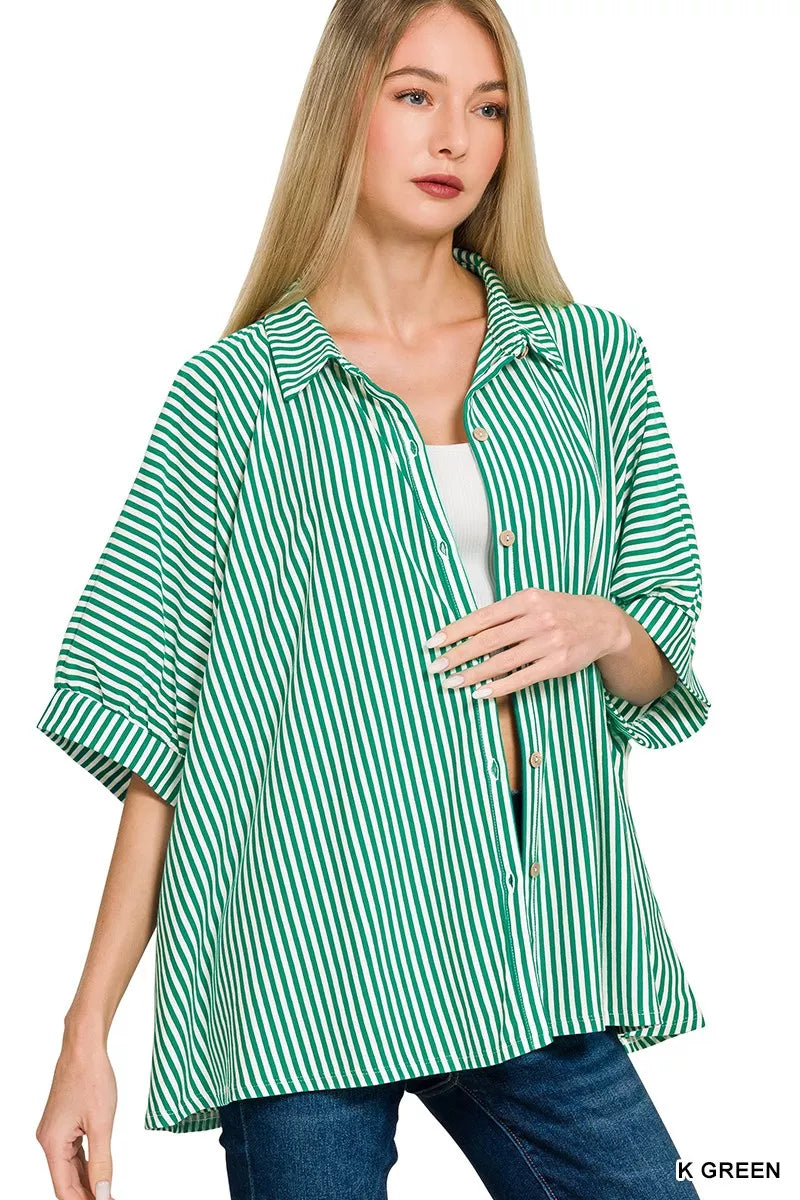 Zenana Women Shirt Green Stripe Oversized Short Sleeve Top 3e2a92b3b8284e7e9f66259ef1c63402-Max-Origin Trendsi