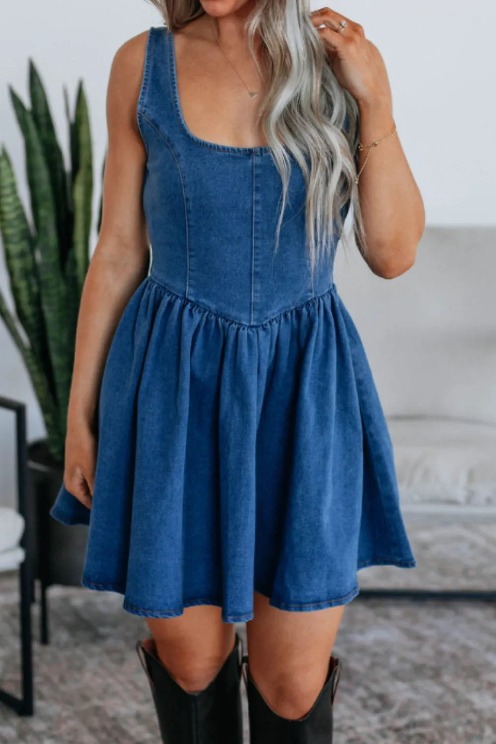Denim Skater Dress V-Back Bow Tied Halter Empire Waist Navy 3e33a05d-3a90-4961-85d6-82cfb51ff58e-Max-Origin Trendsi