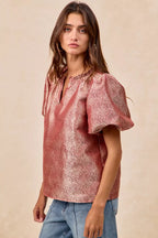 BiBi Jacquard Womens Blouse Red Woven Short Balloon Sleeves V Neck Top 3e346cdbf0204664a493832c81f580e8-Max-Origin Trendsi