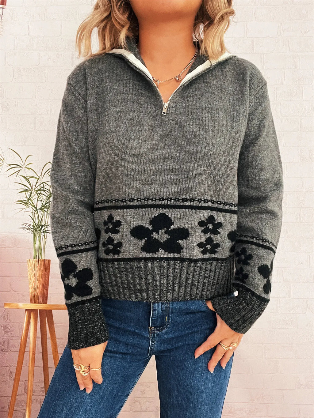 Women's Sweater Flower Hem Zip Collar Long Sleeve Stylish Pullover 3e34c15ca88b47fe990441ba3e09ea20-Max-Origin Trendsi