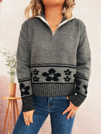 Women's Sweater Flower Hem Zip Collar Long Sleeve Stylish Pullover 3e34c15ca88b47fe990441ba3e09ea20-Max-Origin Trendsi