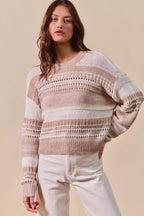 SO ME Womens Sweater Taupe Variegated Stripe Openwor Textured Loose Fit 3e3db0c505414177a089ef51816e1c36-Max-Origin Trendsi