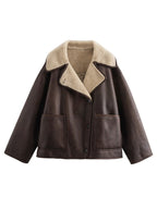 Women Suede Jacket Collared Neck Long Sleeve Plush Lined Chocolate Coat 3e4806d8-a82b-4849-a5a3-e952d2c177c2-Max Trendsi