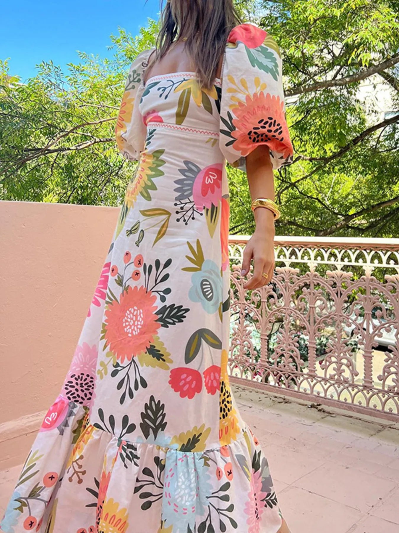 Maxi Dress Floral Square Neck Puff Short Sleeve with Ruffle Hem 3e4e0b76eda3453e82e3b86696a57960-Max-Origin Trendsi