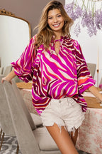 BiBi Satin Top Zebra Hot Pink Tied Neck Half Balloon Sleeve Oversized FUCHSIA MULTI 3e5f9634bbbf4c5ba3460041ee31245a-Max-Origin Trendsi