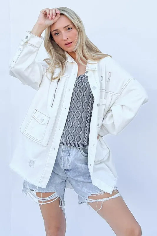 And The Why Distressed Washed Button Down Denim Shacket