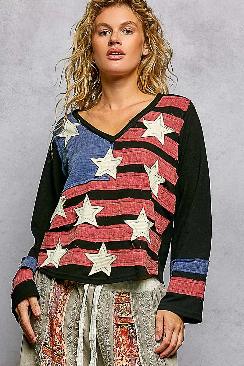 POL Double Gauze American Flag Patch V-Neck Long Sleeve T-Shirt 3e61073f-271c-47ac-aee1-2b77e0383880-Max-Origin Trendsi