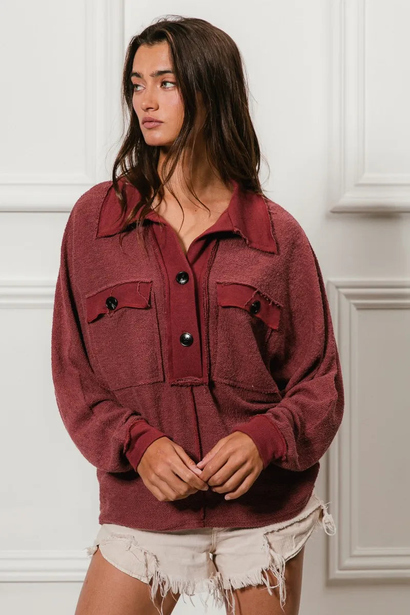 BiBi Women's Collared Top Cp French Terry Cut Edge Detail Pocketed 3e62e68543c5429cb091d02e4bc76279-Max-Origin Trendsi