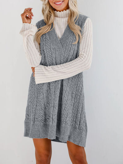 Lovelet Sweater Dress Mini V Neck Sleevless Cable Knit Overall Gray 3e63fdf2-068b-4b3a-9d9f-9edb340ff292-Min Trendsi