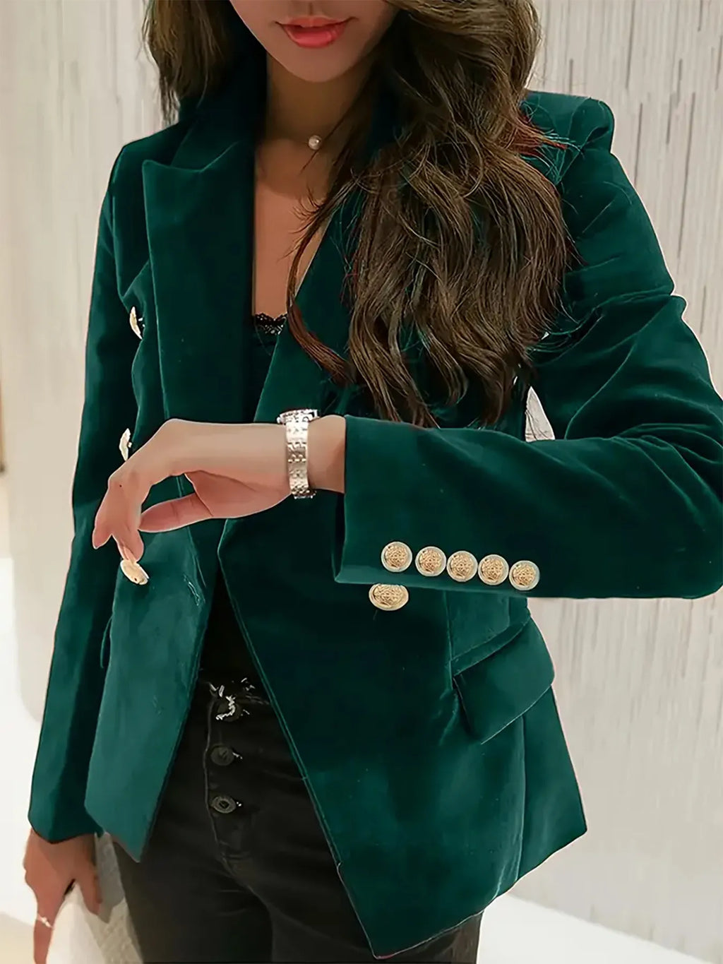 Women's Slim Blazer Green One Button Closure with Pockets 3e70a63ca21d4645ab969c388af3b11e-Max-Origin Trendsi
