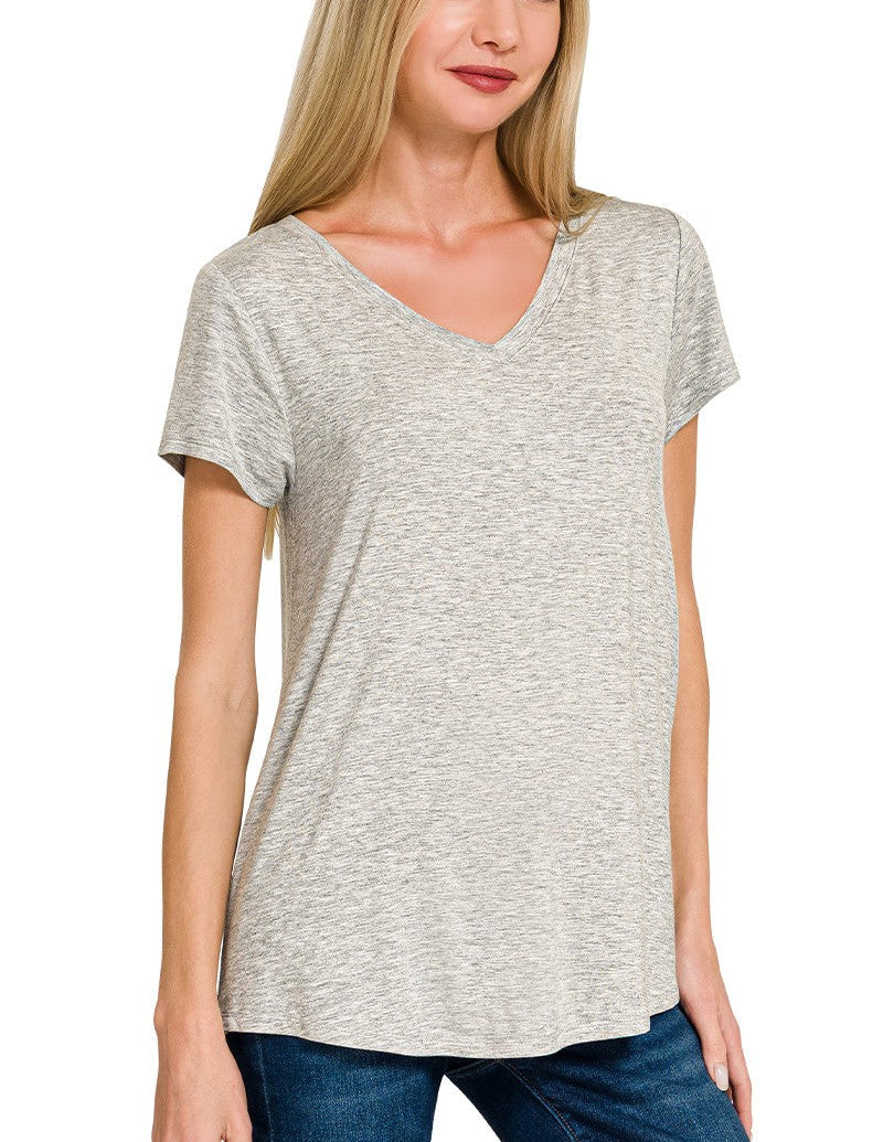Zenana Rayon Short Sleeve V-Neck Top with Rounded Hem