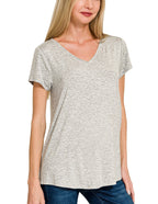 Zenana Rayon Short Sleeve V-Neck Top with Rounded Hem