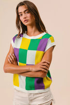 BiBi Womens Sweater Knit Top Mardi Gras Checker Pattern Sleeveless 3e9e34926b4e470d9b6d1ecea9402fc2-Max-Origin Trendsi