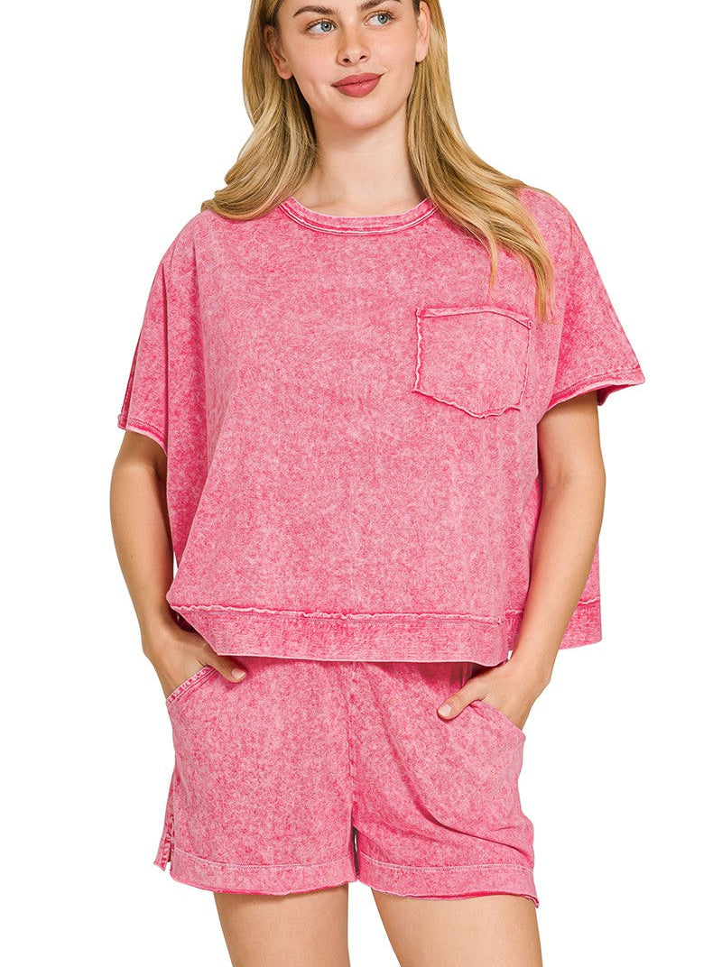 Zenana Halo Snow Washed Boxy Top & Shorts Set