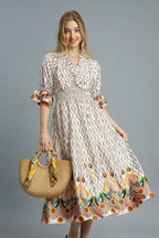 Umgee Midi Dress Ivory Diamond Printed Smocked Waist Flounce Sleeve Ivory 3ea731ed-9a21-496d-babc-65e56b4fe071-Max-Origin Trendsi