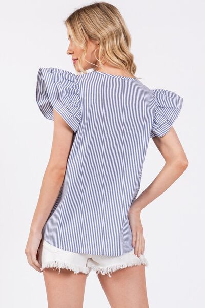 Ces Femme Striped Blouse V-Neck Ruffled Cap Short Sleeve Blue Top 3eac6d36-0c17-4098-a888-b5102e191181-Min Trendsi