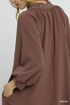 Umgee Short Shift Dress Mocha Notched Collar with Trim Lace Detail 3/4 Sleeve 3eb65085-b23c-45fb-8e5f-9d81d0cb3d7d-Max-Origin Trendsi