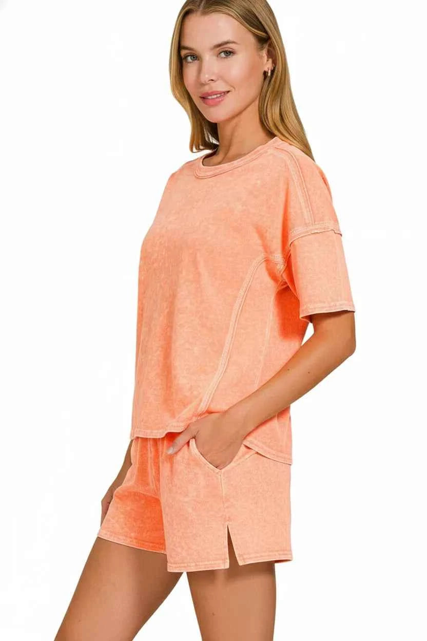 Zenana outfit Set Orange Halo Snow Washed Short Sleeve Top Tee and Shorts 3ec2c7ac-597e-4131-90cb-ee678536da9c-Max-Origin Trendsi