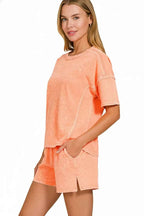 Zenana outfit Set Orange Halo Snow Washed Short Sleeve Top Tee and Shorts 3ec2c7ac-597e-4131-90cb-ee678536da9c-Max-Origin Trendsi