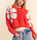 Davi & Dani Flower Contrast Cardigan Women Round Neck Long Sleeve Buttoned Orange 3ec9c73a-9dd2-4e76-8724-e9486e9c0a30-Max Trendsi