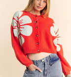 Davi & Dani Flower Contrast Cardigan Women Round Neck Long Sleeve Buttoned Orange 3ec9c73a-9dd2-4e76-8724-e9486e9c0a30-Max Trendsi