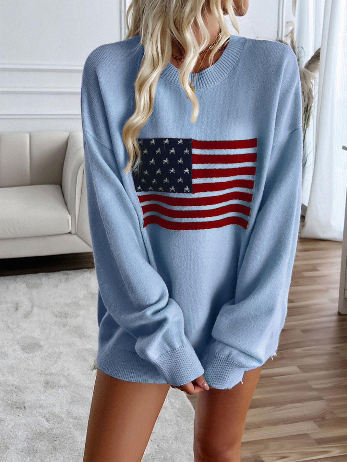 Knit Top US Flag Round Neck Long Sleeve Knitwear Light Blue 3ed38a21-54f4-4d97-b4b7-1d2191bfd0e5-Max Trendsi
