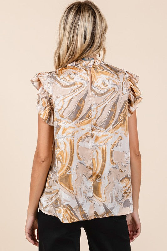 Mittoshop Satin Top Tan Abstract Print Ruffle Short Sleeve Blouse 3ed66768-c4f2-4bb3-bb8e-7108e537a443-Max Trendsi