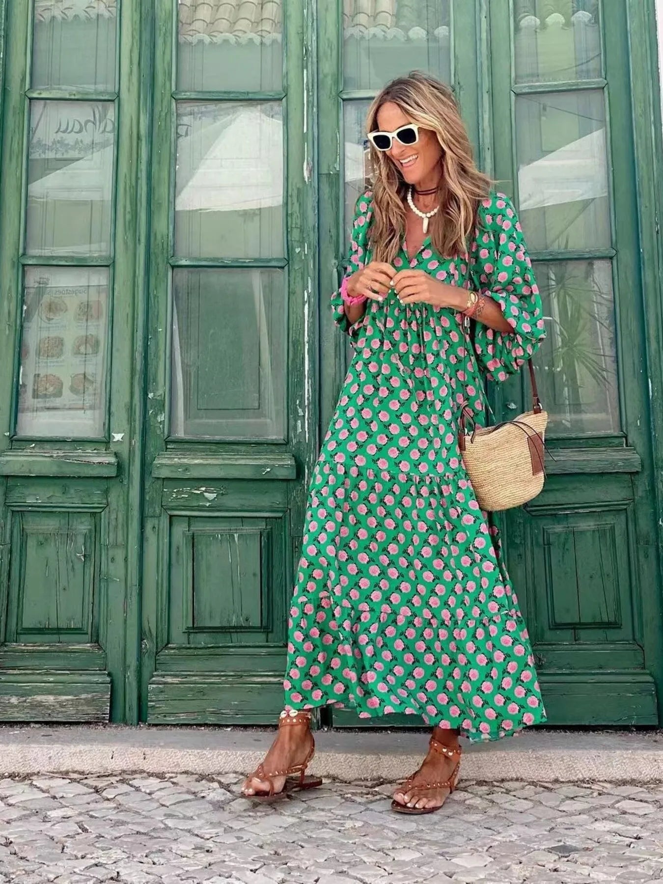 Maxi Dresses Colorful Printed V-Neck Balloon Short Sleeve Ruffled Oversized Green & Pink 3edb111b605d4c6a9f6e016f0dfb9b57-Max-Origin Trendsi