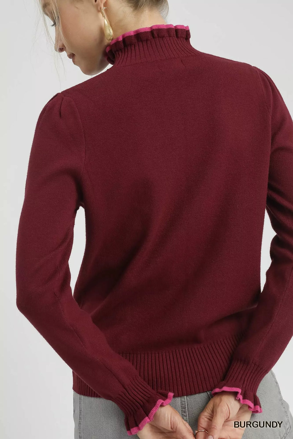 Umgee Women's Sweater Burgundy Ribbed Round Neck with Ruffle Contrast Trim 3edb21c9-4068-409c-b44f-60e4bb63c847-Max-Origin Trendsi
