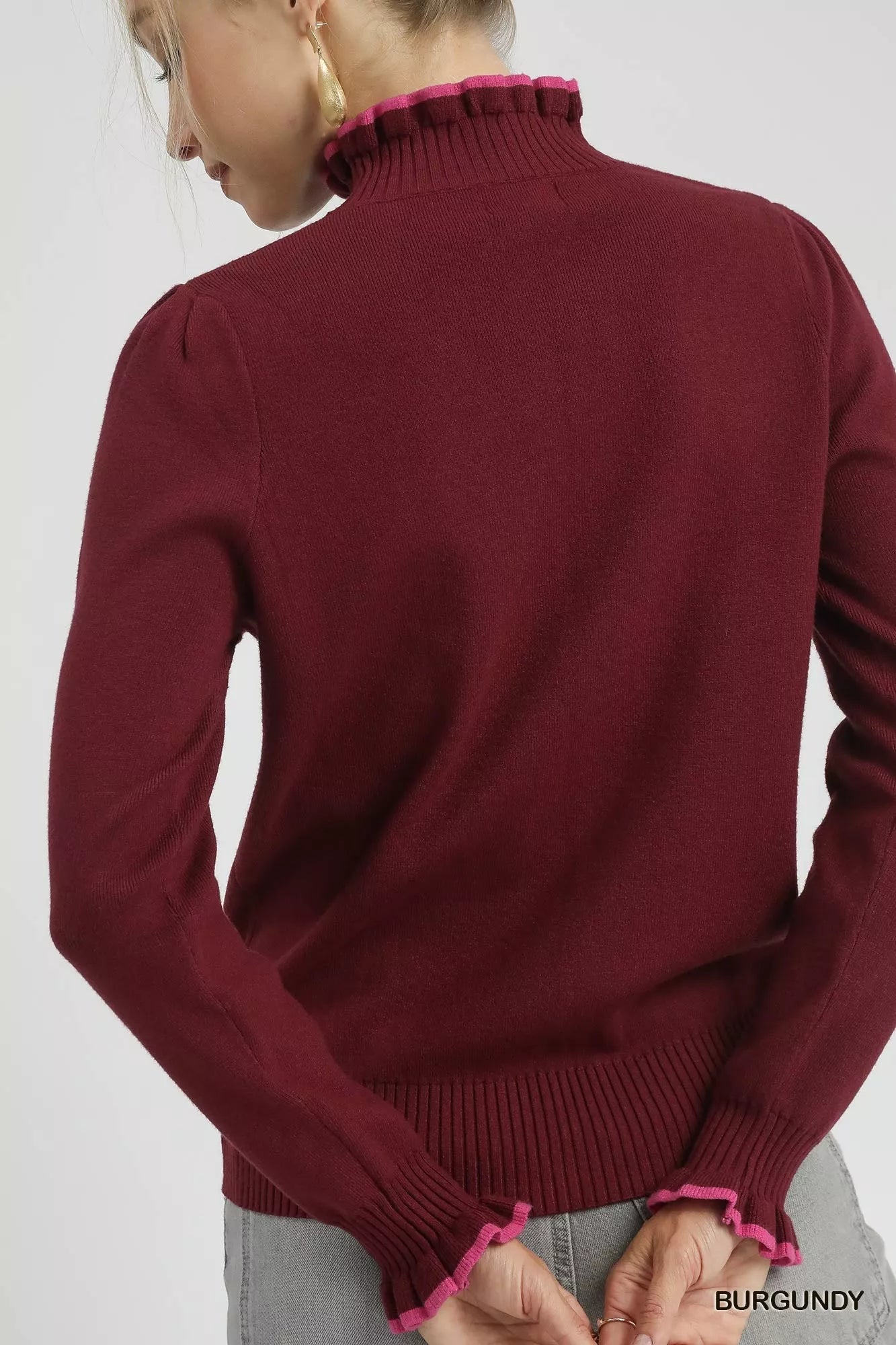 Umgee Women's Sweater Burgundy Ribbed Round Neck with Ruffle Contrast Trim 3edb21c9-4068-409c-b44f-60e4bb63c847-Max-Origin Trendsi