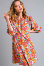 Umgee Mini Dress Floral Ruffled Colorful Flower Print Tie Neck Tiered BROWN MIX 3edd6619-6398-4619-abd3-73e218710400-Max Trendsi