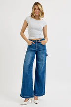 RISEN Women's Jeans High Rise Wide Leg Patch Detailed Dark Wash Denim 3ee23274926f4e969d60f02b9fbb50a8-Max-Origin Trendsi