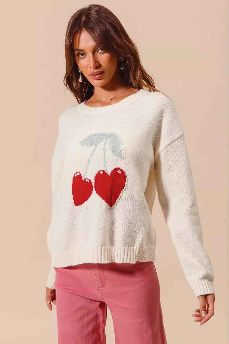 SO ME Valentine Sweater Heart Cherry Ivory Knitted Long Sleeve Top 3ee29246837643d8bacdcc639d810063-Max-Origin Trendsi