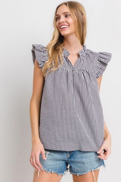 Ces Femme Plaid Blouse Notched Ruffled Cap Short Sleeve Black 3ee3ebb6-b668-4b62-8dcb-f826f46fcdd8-Min Trendsi