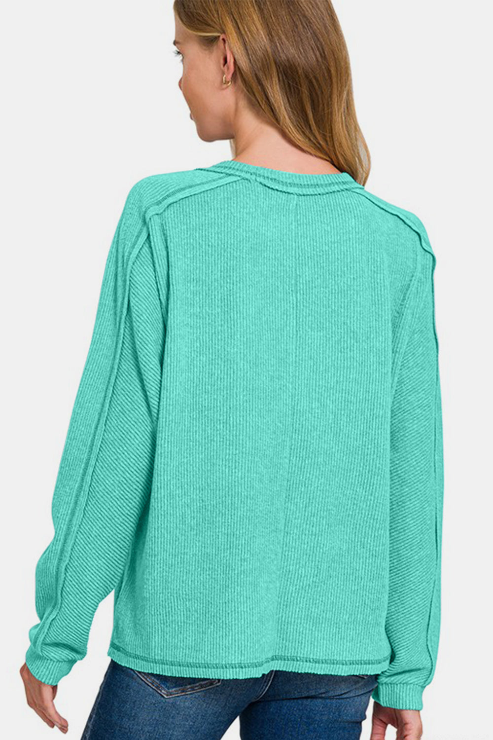 Zenana Knit Top Turquoise Contrast Stitching Brushed Ribbed Hacci Plus Size 3eea4516-9931-42b5-9dda-2fa4446e0f0a-Max Trendsi