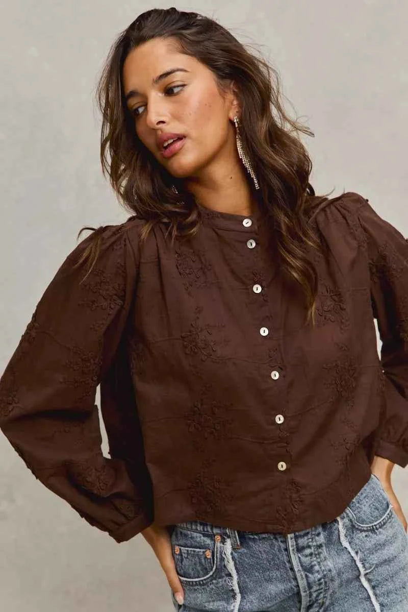 SO ME Women Shirt 3d Floral Brown Woven Cotton Long Sleeve Front Button Top 3efc5341c6a94a5aa9a62ac9ab219524-Max-Origin Trendsi