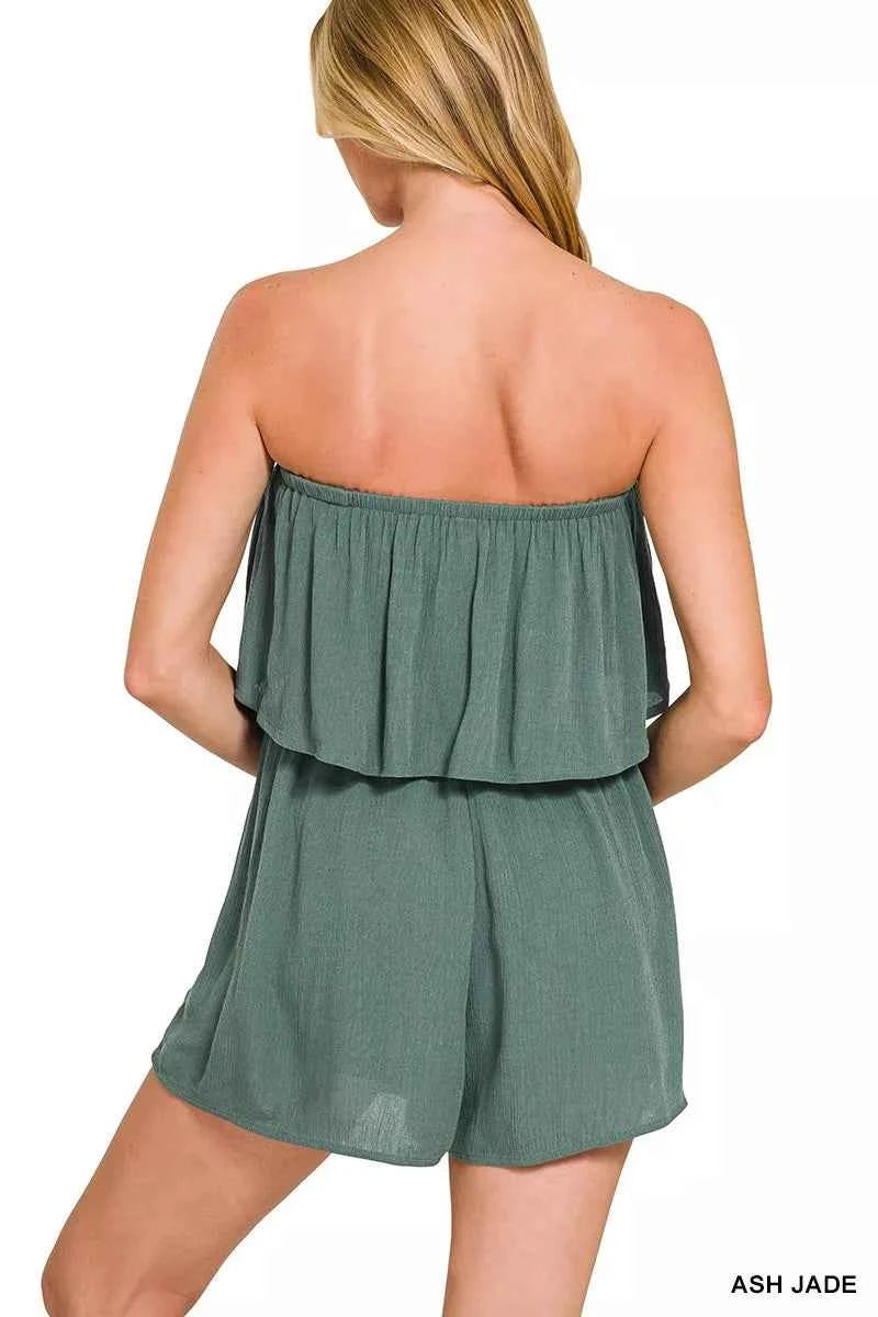 Zenana Woven Crinkle Strapless Rompers