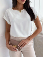 Women's T-Shirt Classic Rolled Tab Sleeve Floral Solid Tops White 3f0c17ee-5af5-4247-9370-470c3414ace2-Max-Origin Trendsi