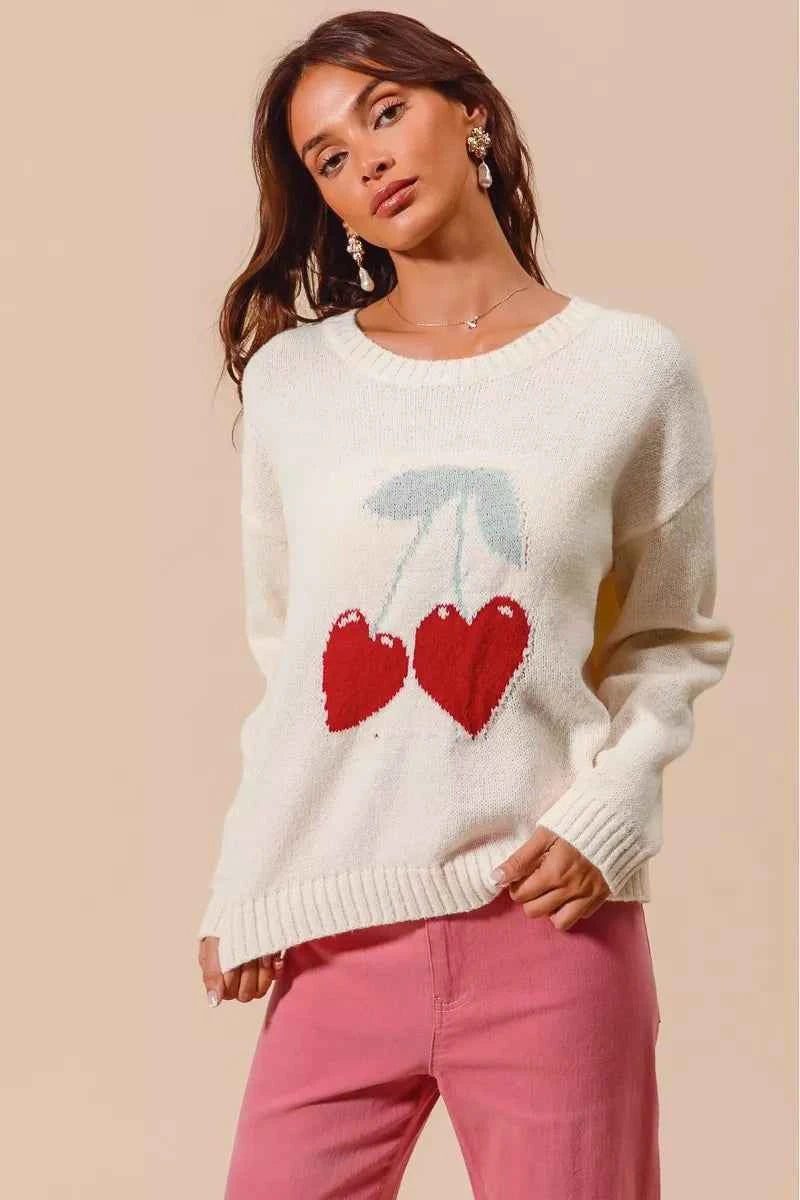 SO ME Valentine Sweater Heart Cherry Ivory Knitted Long Sleeve Top 3f1061f2824e4af981a14e8bf350228d-Max-Origin Trendsi
