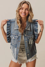 BiBi Denim Jacket American Flag Pockets Washed Ruffled Sleeves 3f174e3f-752a-4c9d-a949-fb5e5e22ab69-Max Trendsi